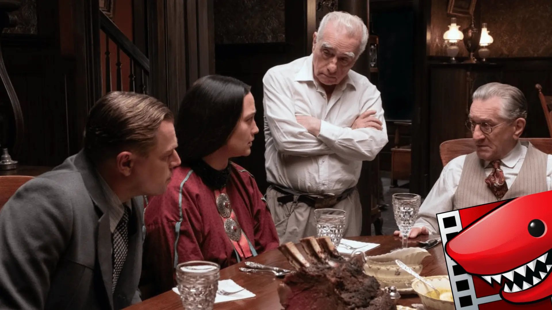 Leonardo DiCaprio, Robert De Niro, and Lily Gladstone, on set with director Martin Scorsese,